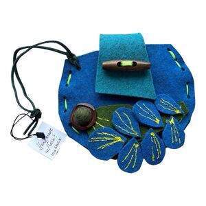 Handmade Blue Wool Felt Leather Wristlet 9” Clutch Bag Artisan Pouch Toggle Boho